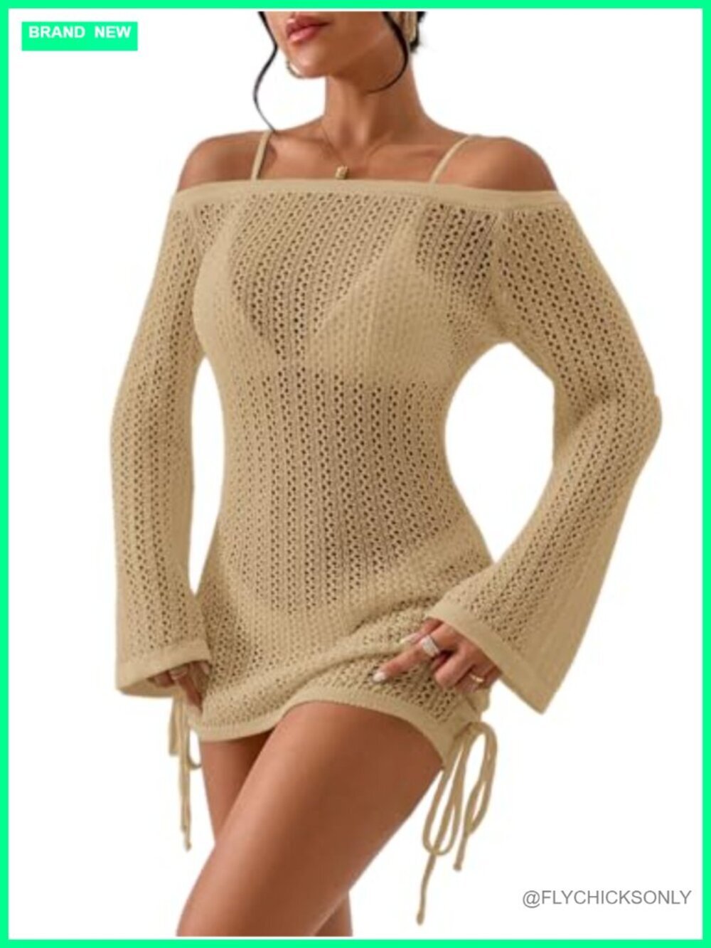 Crochet Knit Mesh Beach Cover Up Dress Drawstring Hollow Out